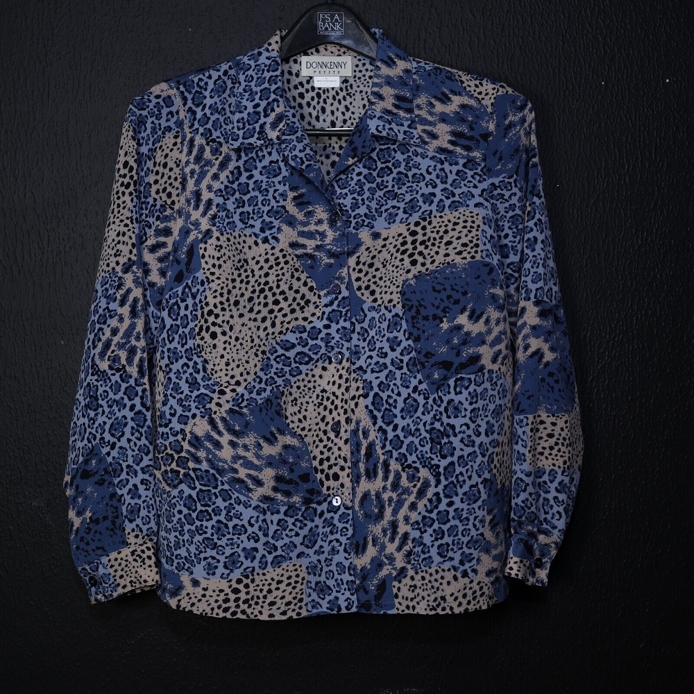 DonnKenny Petite Womens Petite Large Top Button Up Long Sleeve Brown Blue Shirt